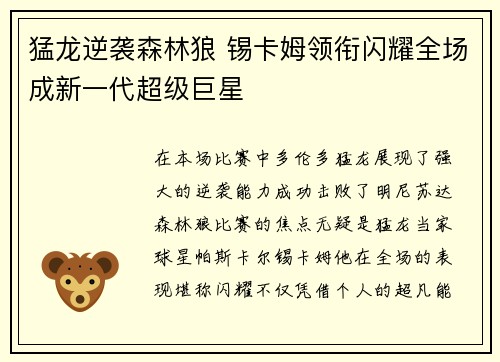 猛龙逆袭森林狼 锡卡姆领衔闪耀全场成新一代超级巨星