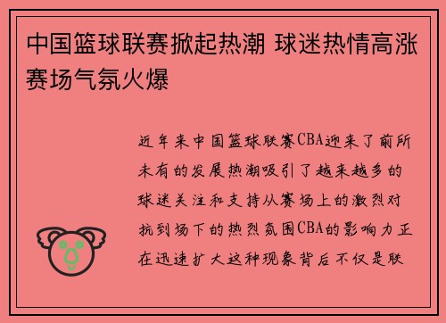 中国篮球联赛掀起热潮 球迷热情高涨赛场气氛火爆